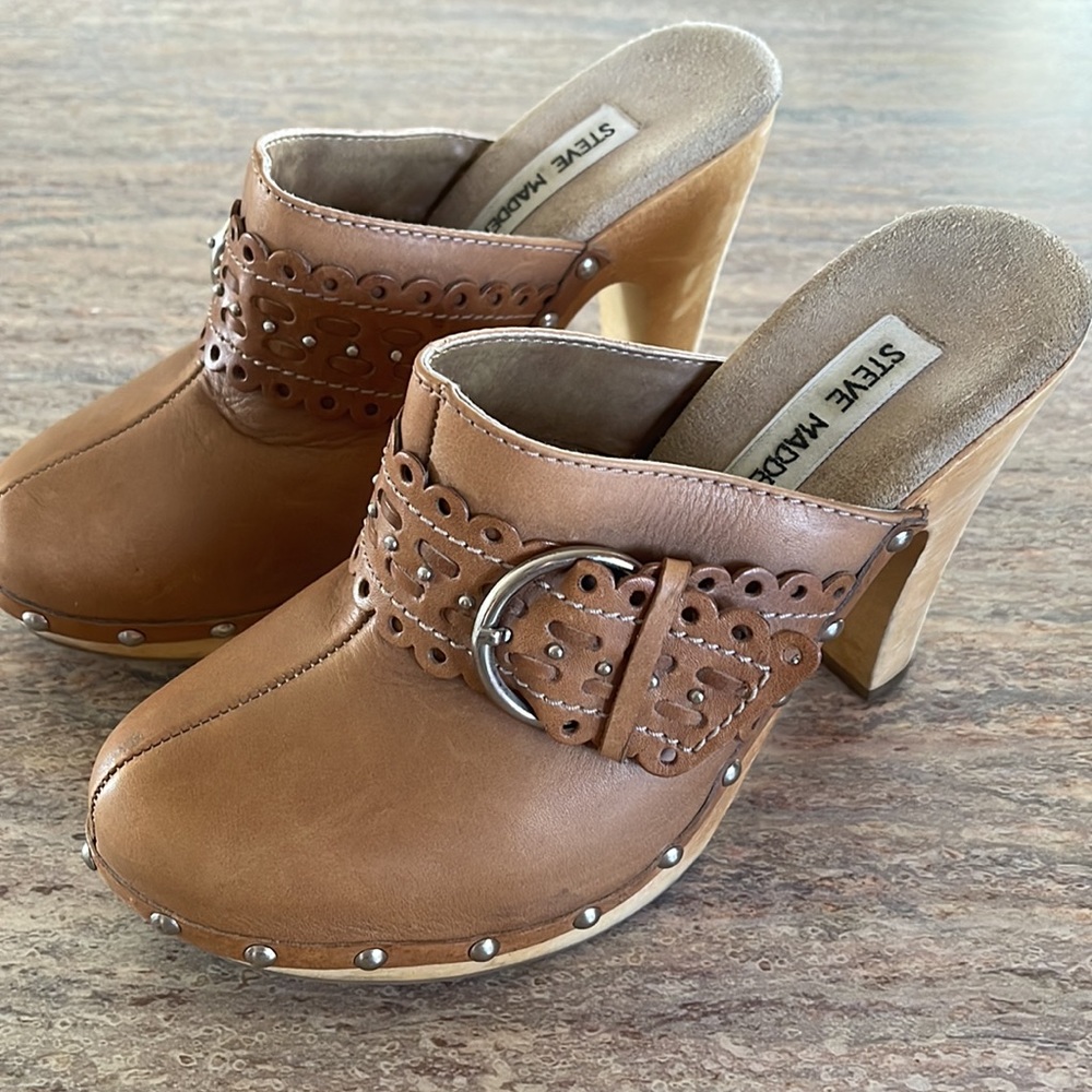 VGUC Vintage STEVE MADDEN Leather Lashes Brown Silver Tone Studded Clog ~ 7 - Picture 2 of 6